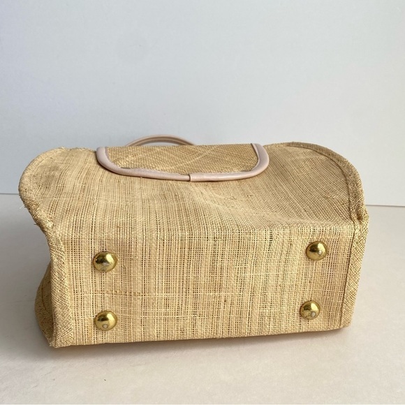Vintage 50s 60s Straw Raffia Purse Floral Top Handle Bag Summer Beach Handbag - Picture 8 of 11